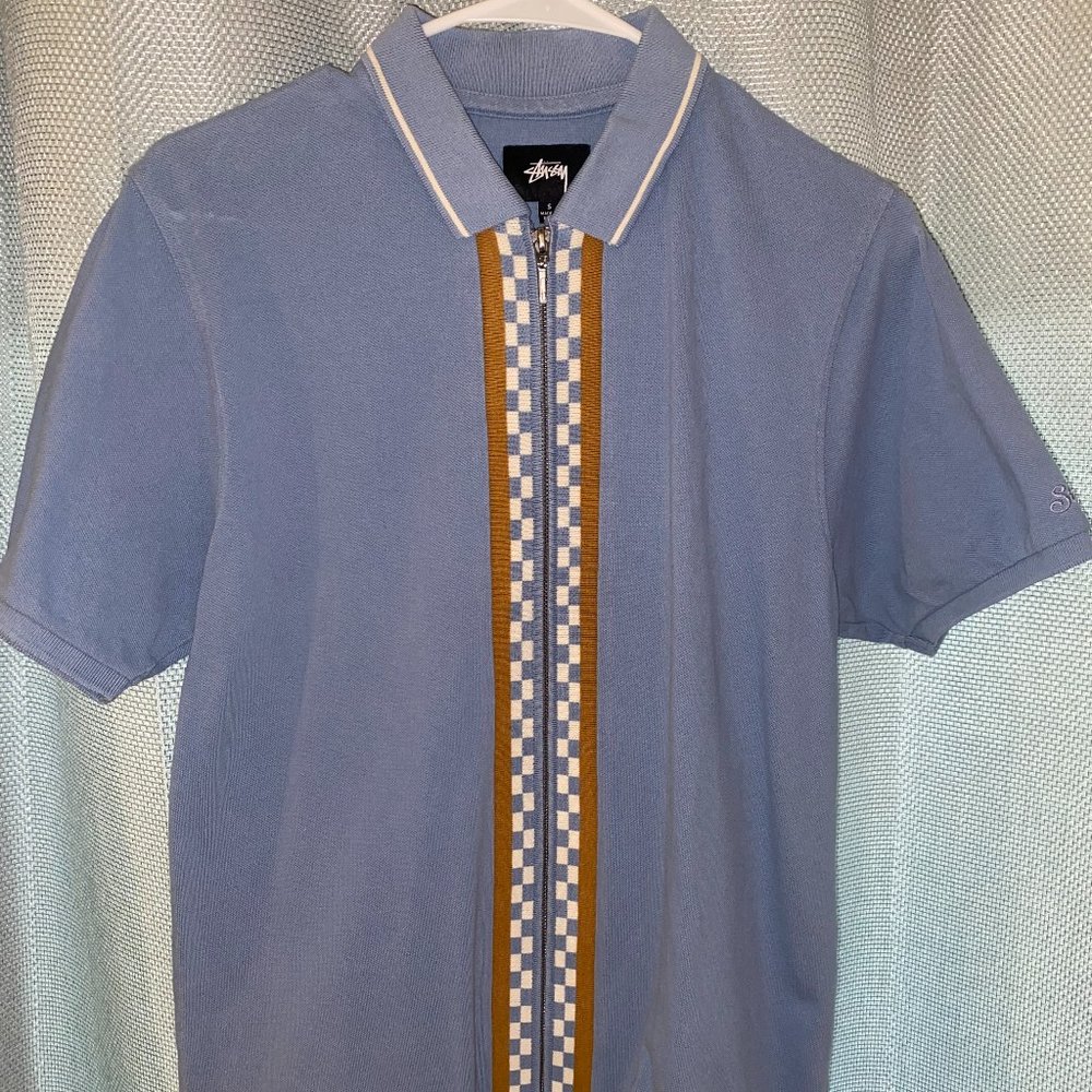 Stussy - White, Blue & Brown Zip Front Polo Shirt